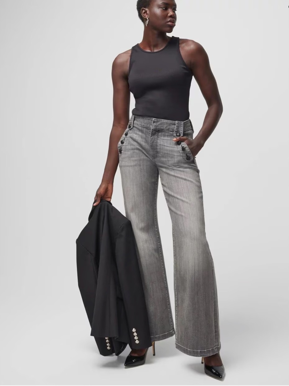 WHBM High-Rise Mariner Wide Leg Jeans In Grey Perisian Night Size 4